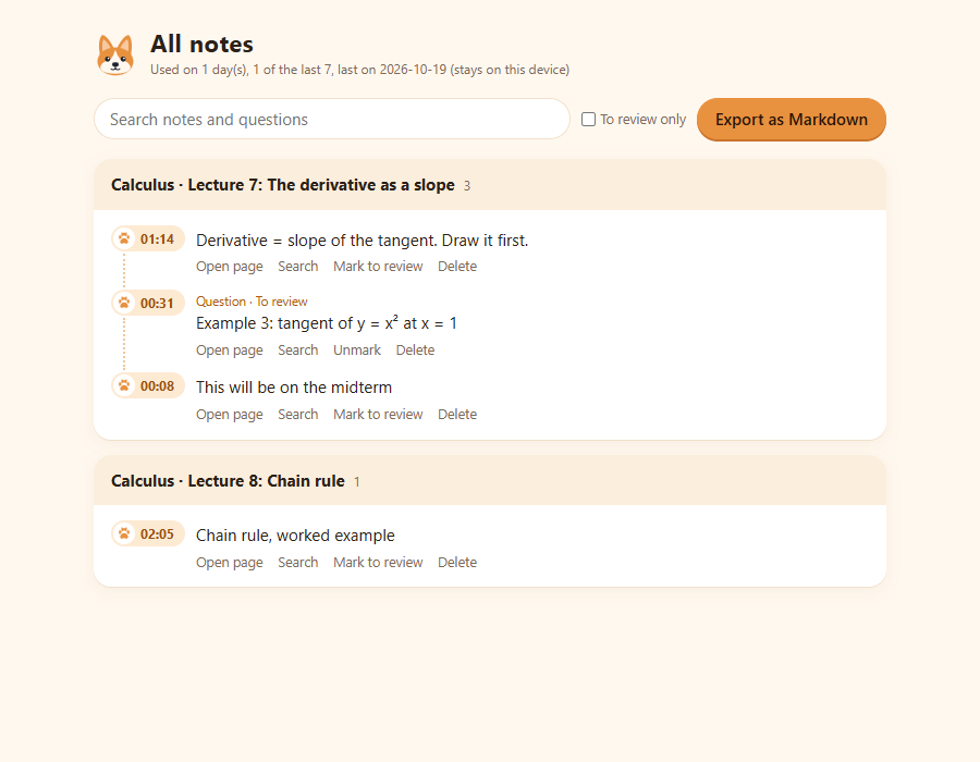 All notes page, grouped by video, with search and export