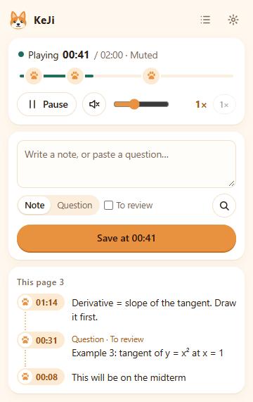 KeJi popup: playback status, progress bar with paws, note box and this page’s notes
