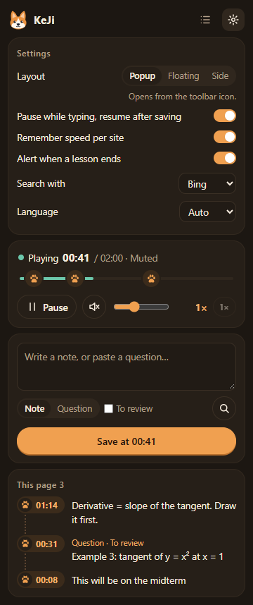 KeJi settings in dark mode: layout, pause while typing, remember speed